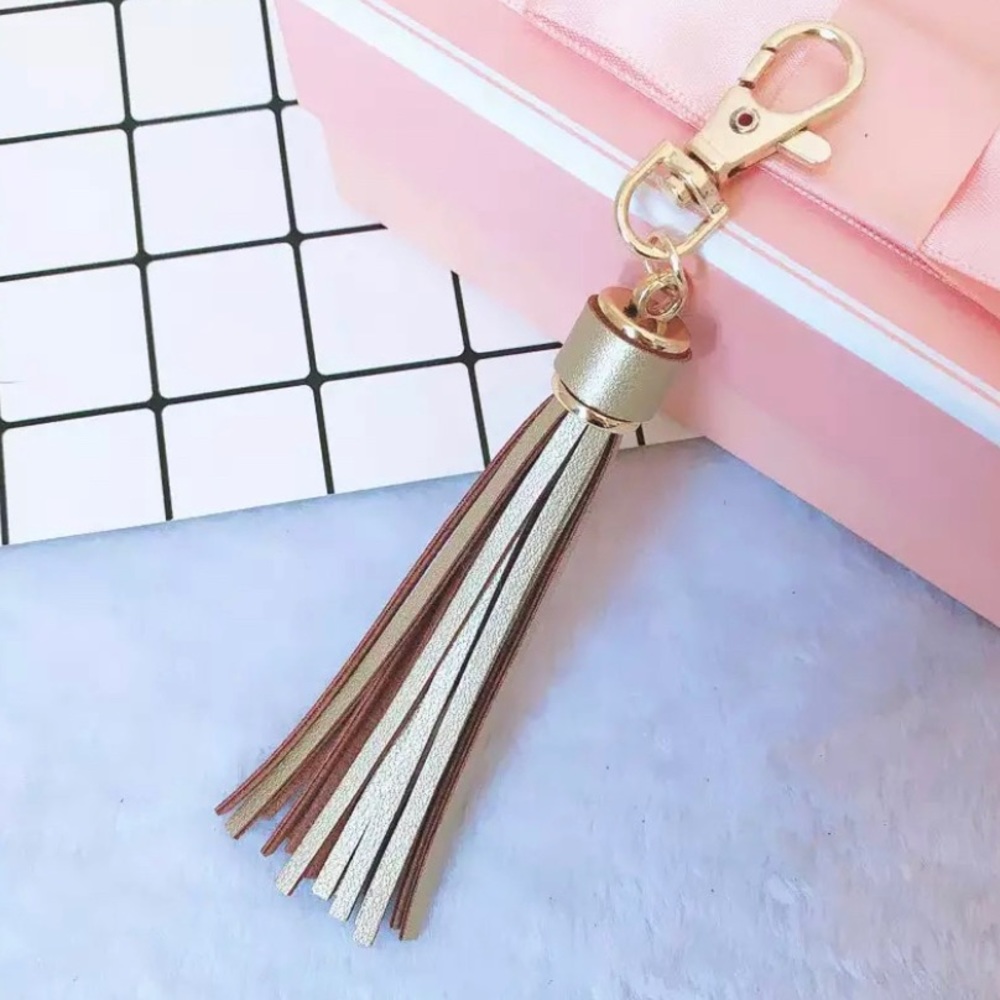 Elegant Gray & Gold Faux Leather Tassel Keychain